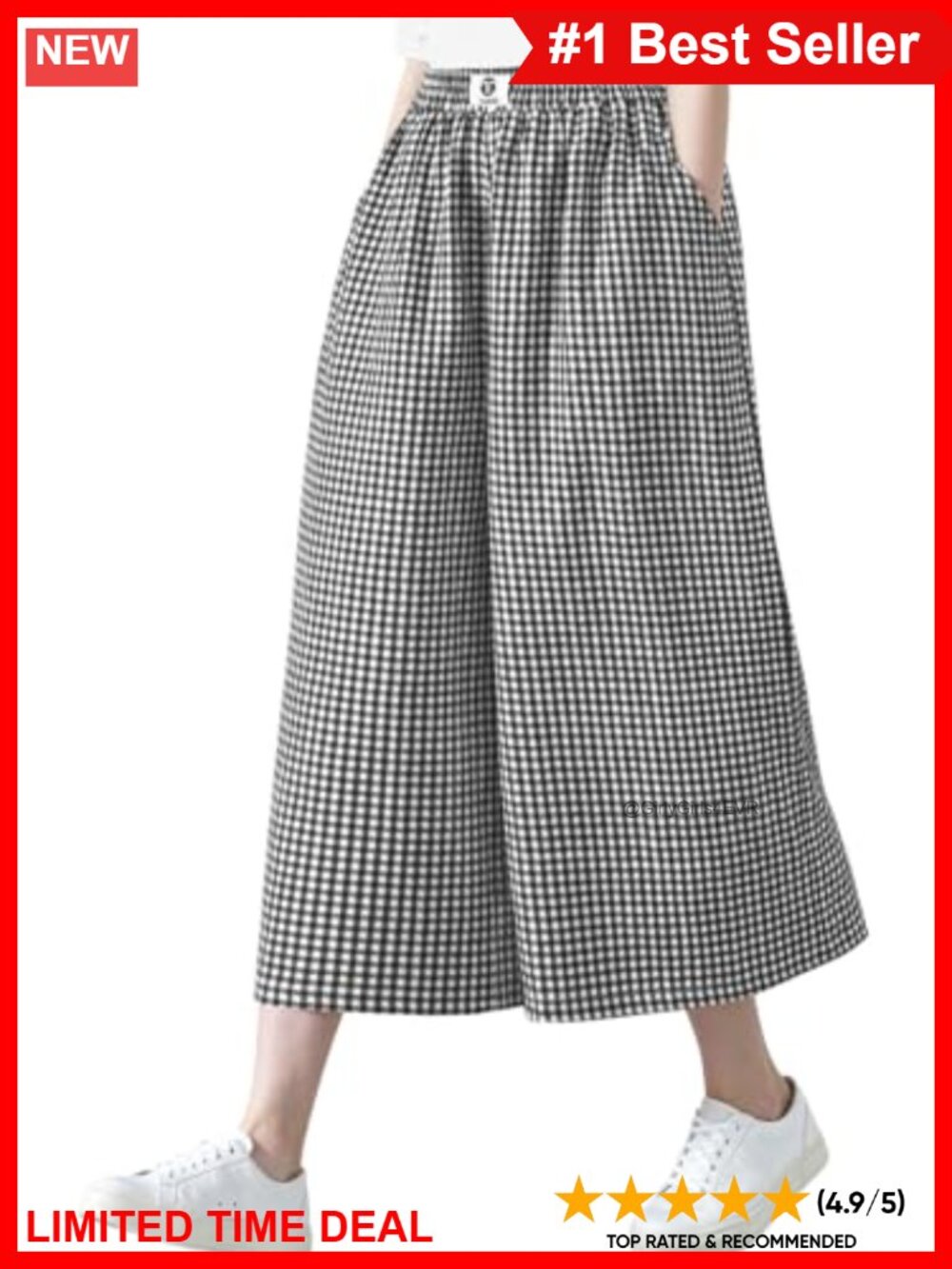Wide Leg Gingham Plaid Palazzo Capri Pants Elastic Waist Side Pockets